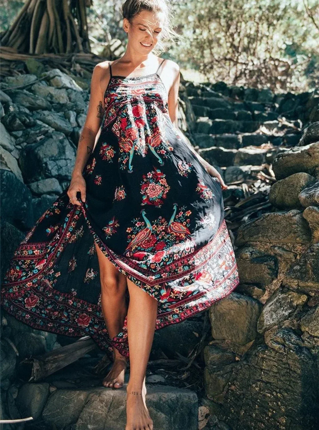 Peacock Floral Print Sleeveless Beach Bohemian Maxi Boho Dress image 1