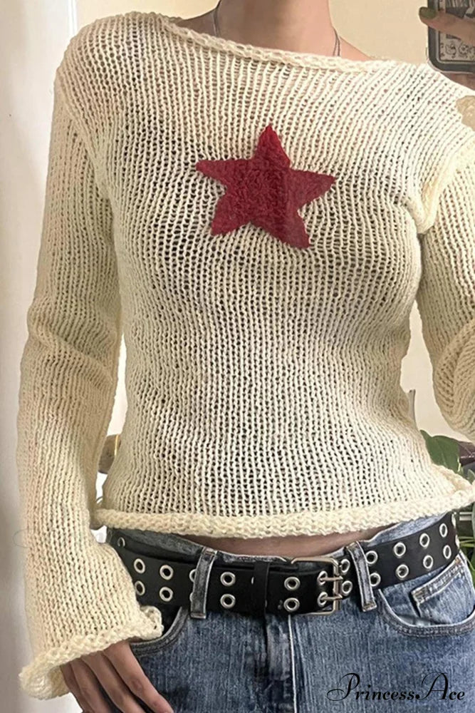 Sexy Sheer Hollow-Out Red Star Long-Sleeve Knit Top image 3