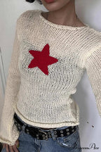 Sexy Sheer Hollow-Out Red Star Long-Sleeve Knit Top image 2