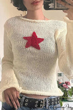 Sexy Sheer Hollow-Out Red Star Long-Sleeve Knit Top image 1