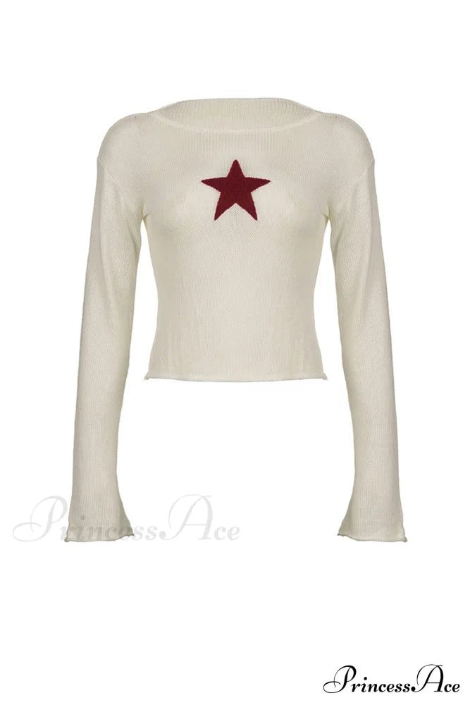 Sexy Sheer Hollow-Out Red Star Long-Sleeve Knit Top image 4