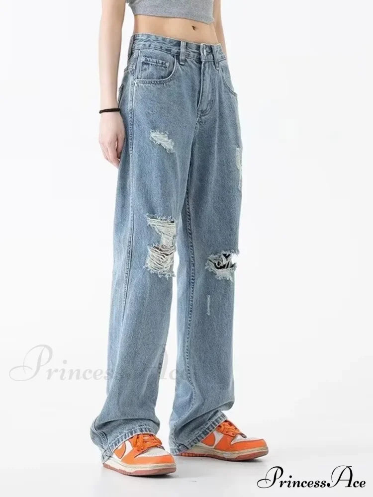 Perforated Jean Summer Thin High Street Trendy Brand Handsome And Loose Fitting Straight Casual Sports Pants Women's Jean image 3