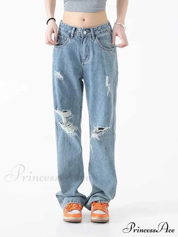 Perforated Jean Summer Thin High Street Trendy Brand Handsome And Loose Fitting Straight Casual Sports Pants Women's Jean image 1