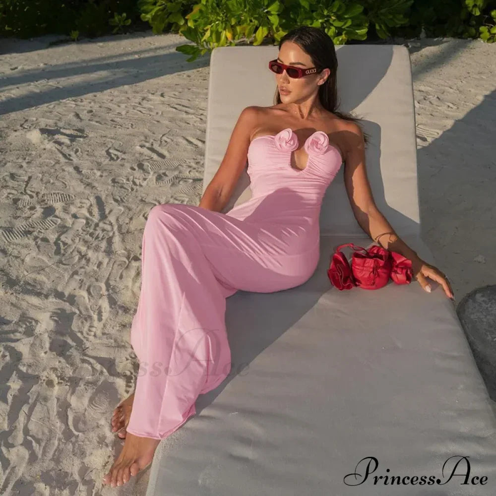 Pink 3D Floral-applique Charming Strapless Maxi Dress image 4