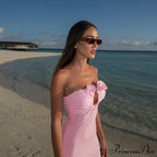 Pink 3D Floral-applique Charming Strapless Maxi Dress image 6
