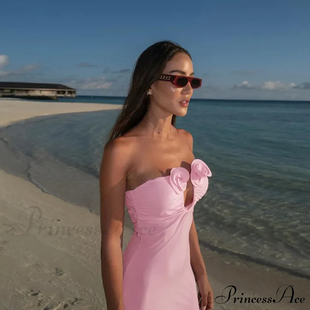 Pink 3D Floral-applique Charming Strapless Maxi Dress image 6