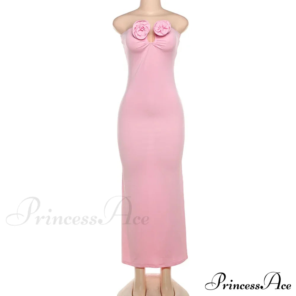 Pink 3D Floral-applique Charming Strapless Maxi Dress image 7