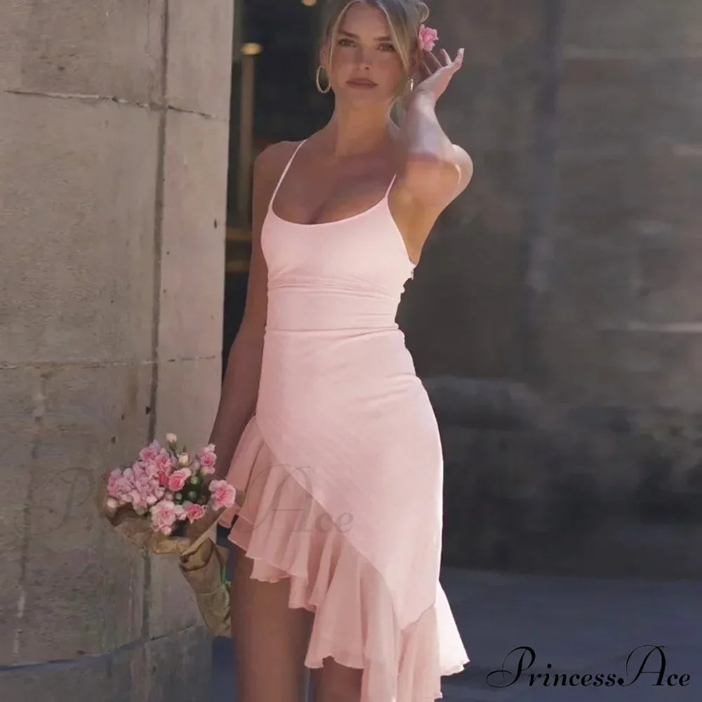Pink Asymmetric Frill Charming Trim Cami Mini Dress image 1