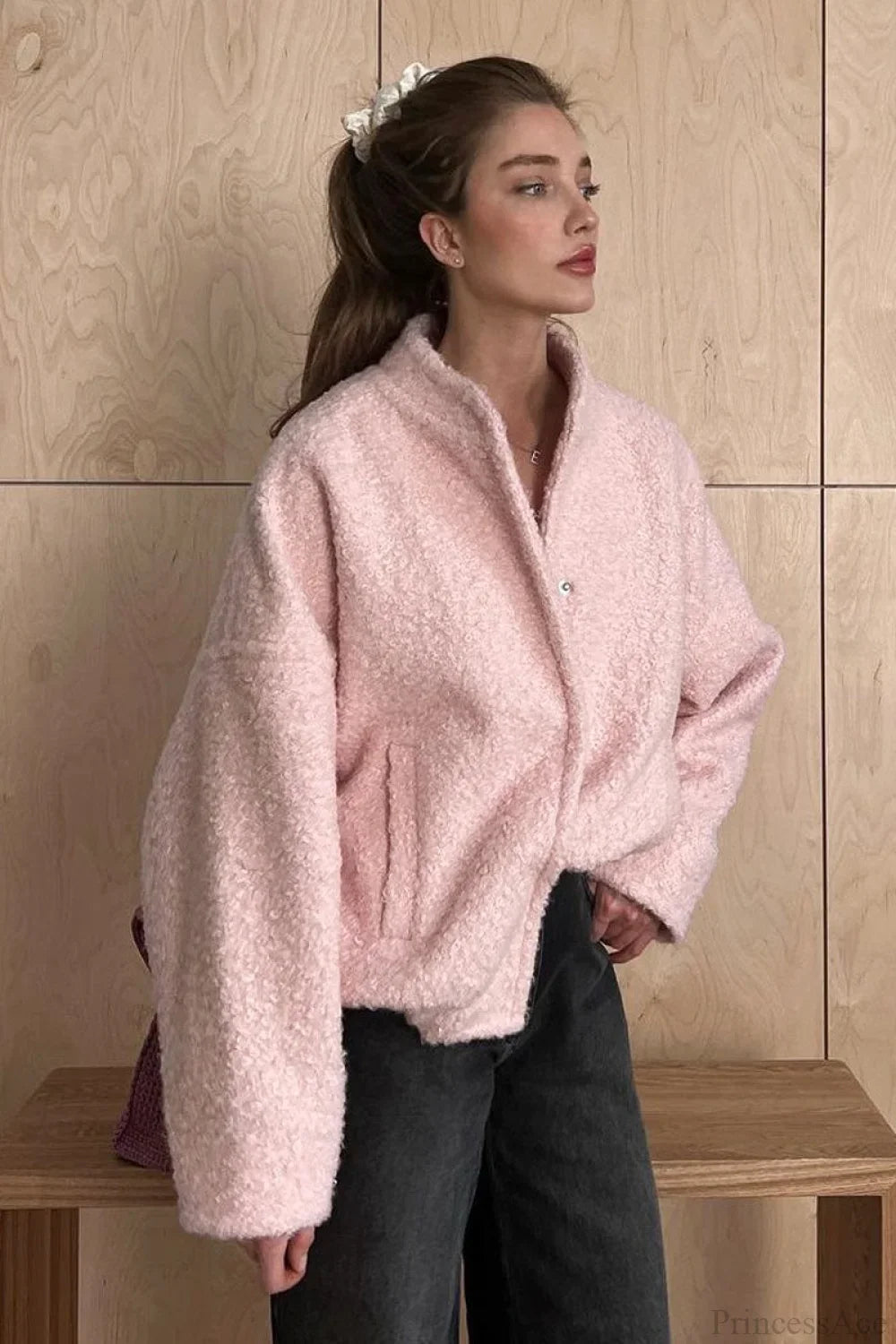 Pink Casual Stand Collar Fleece Jacket image 2