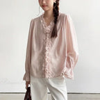 Pink Cotton Rayon Casual Long Sleeve V-Neck Boho Blouse image 3