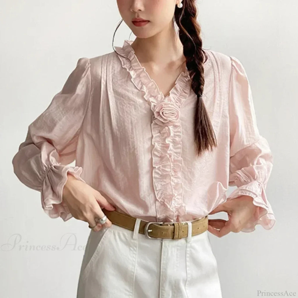 Pink Cotton Rayon Casual Long Sleeve V-Neck Boho Blouse image 1