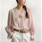 Pink Cotton Rayon Casual Long Sleeve V-Neck Boho Blouse image 2