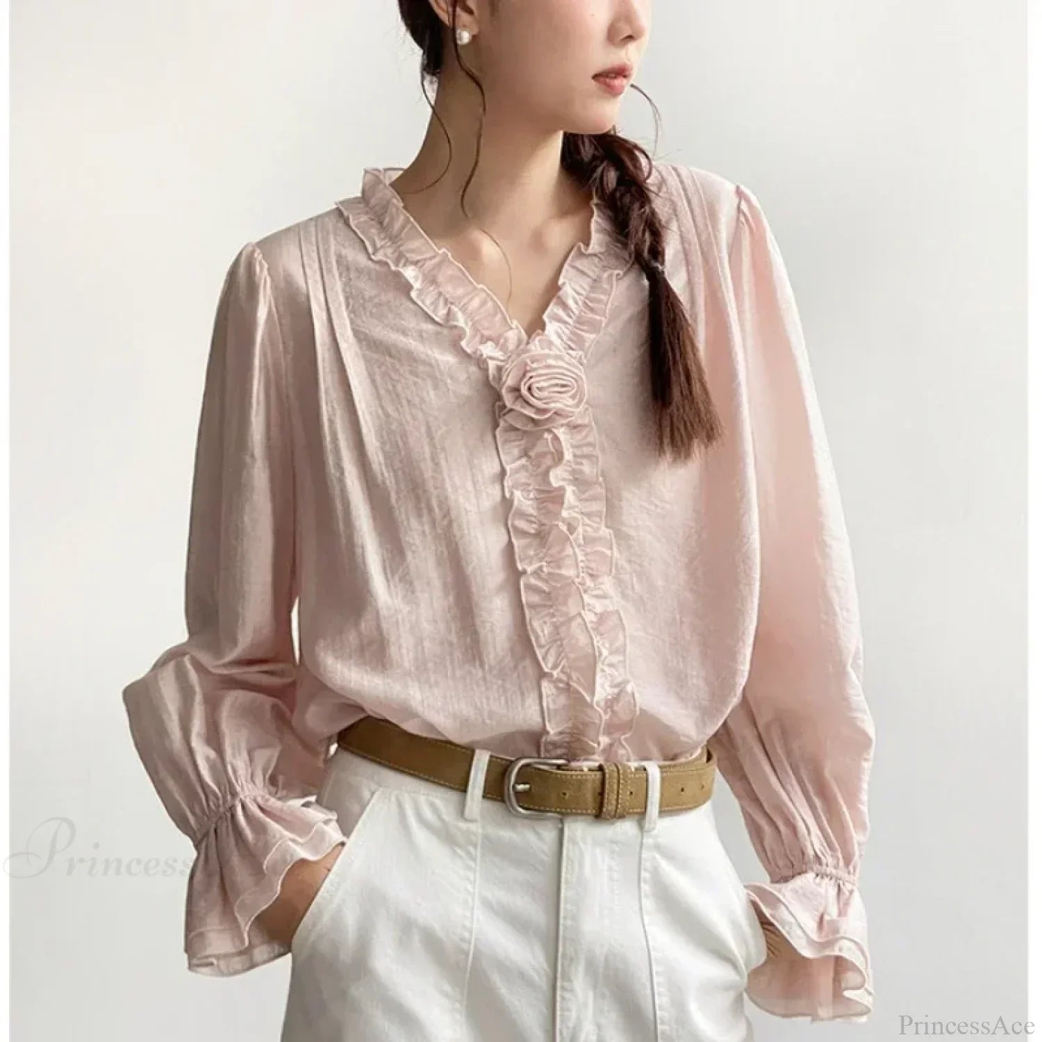 Pink Cotton Rayon Casual Long Sleeve V-Neck Boho Blouse image 2