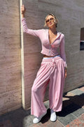 Pink Fitted Hooded Cuffed Ankle Pants Solid Two Piece Set image 2
