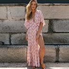 Pink Floral Maxi Dress Sexy Deep V-neck Side Split Boho Dress image 2