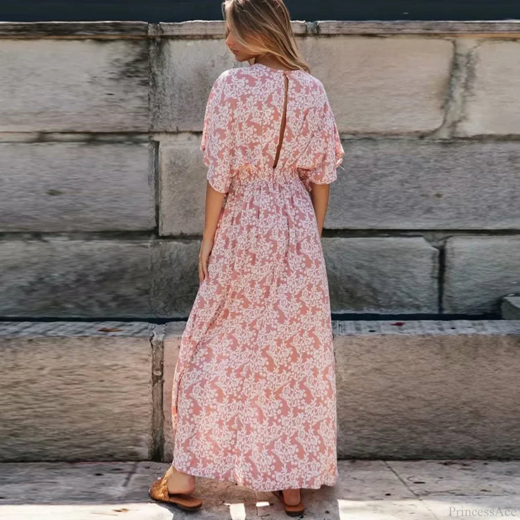 Pink Floral Maxi Dress Sexy Deep V-neck Side Split Boho Dress image 3