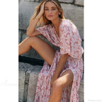 Pink Floral Maxi Dress Sexy Deep V-neck Side Split Boho Dress image 4