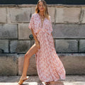 Pink Floral Maxi Dress Sexy Deep V-neck Side Split Boho Dress image 1