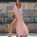 Pink Floral Maxi Dress Sexy Deep V-neck Side Split Boho Dress image 1