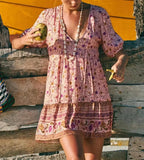 Pink Floral Print Robe A-line Mini Dress Women Beach Boho Summer Dress image 2