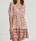 Pink Floral Print Robe A-line Mini Dress Women Beach Boho Summer Dress image 4