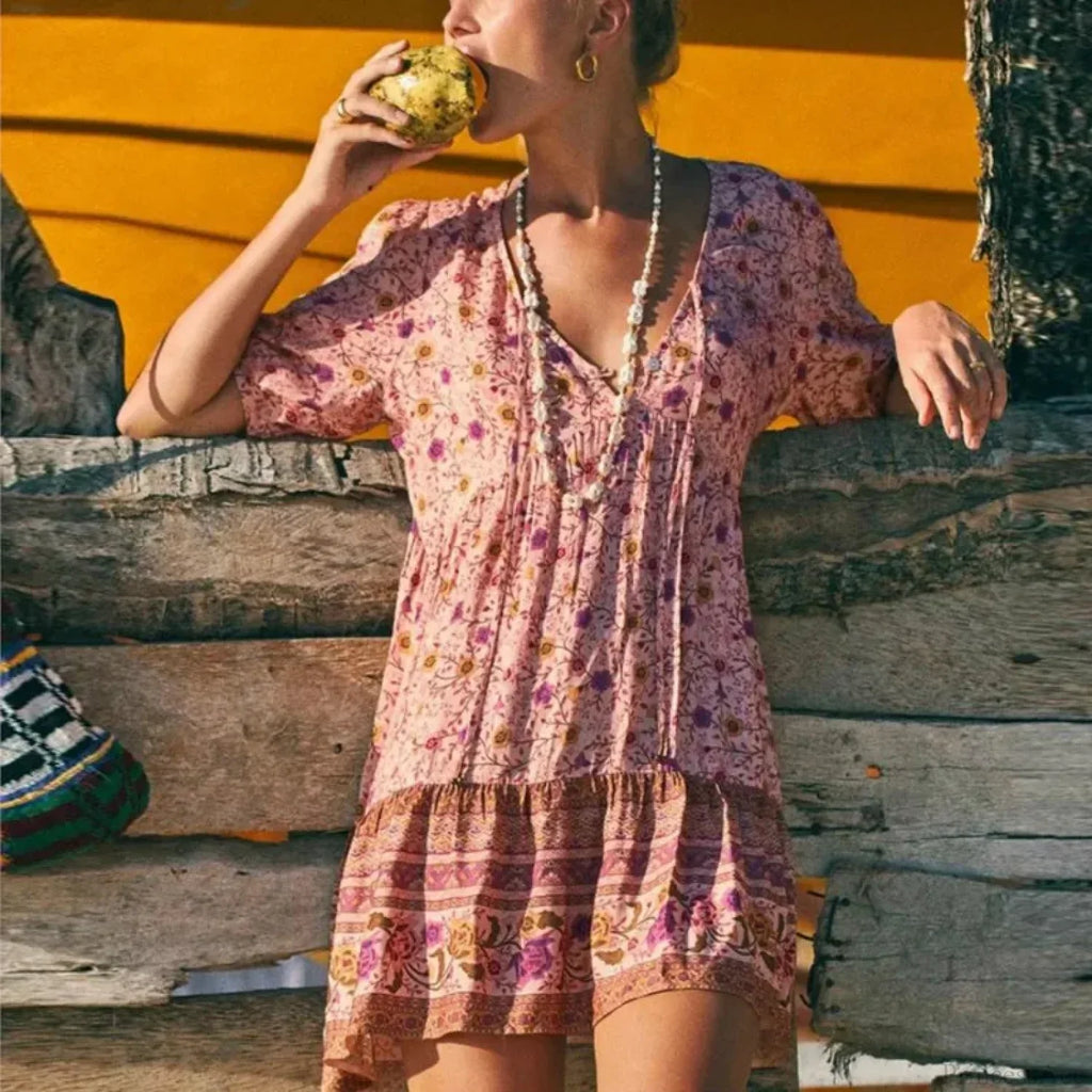 Pink Floral Print Robe A-line Mini Dress Women Beach Boho Summer Dress image 1