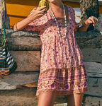 Pink Floral Print Robe A-line Mini Dress Women Beach Boho Summer Dress image 3