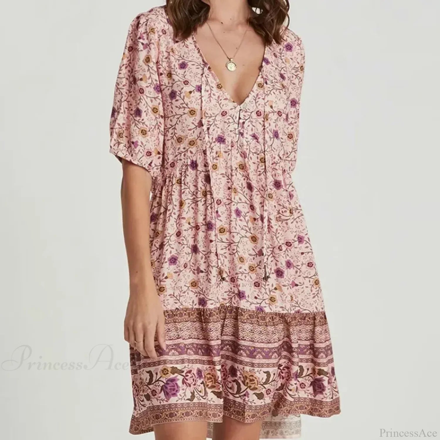 Pink Floral Print Robe A-line Mini Dress Women Beach Boho Summer Dress image 5