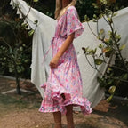 Pink Floral Print V-neck Tassel Rayon Vacation Maxi Boho Dress image 2