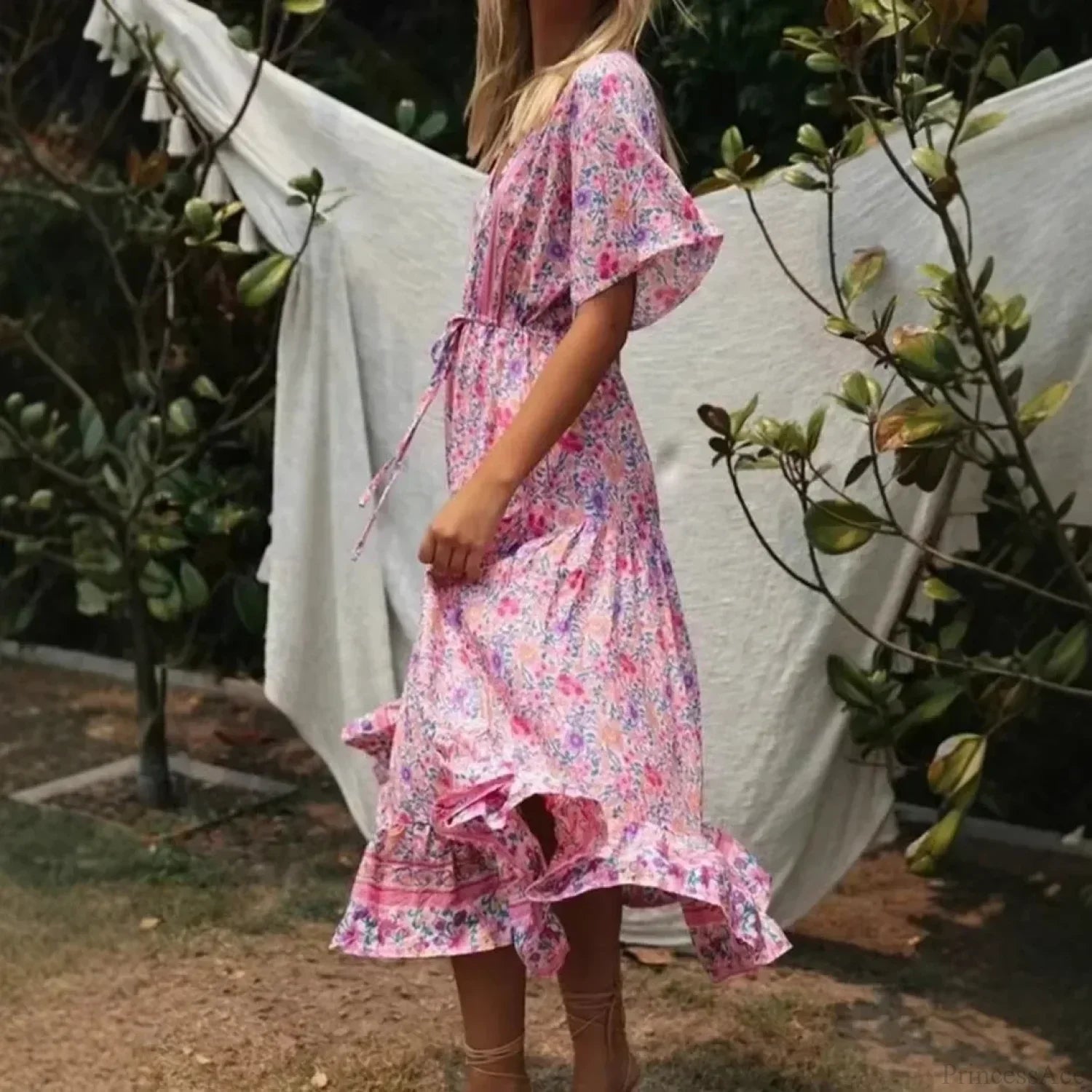 Pink Floral Print V-neck Tassel Rayon Vacation Maxi Boho Dress image 2
