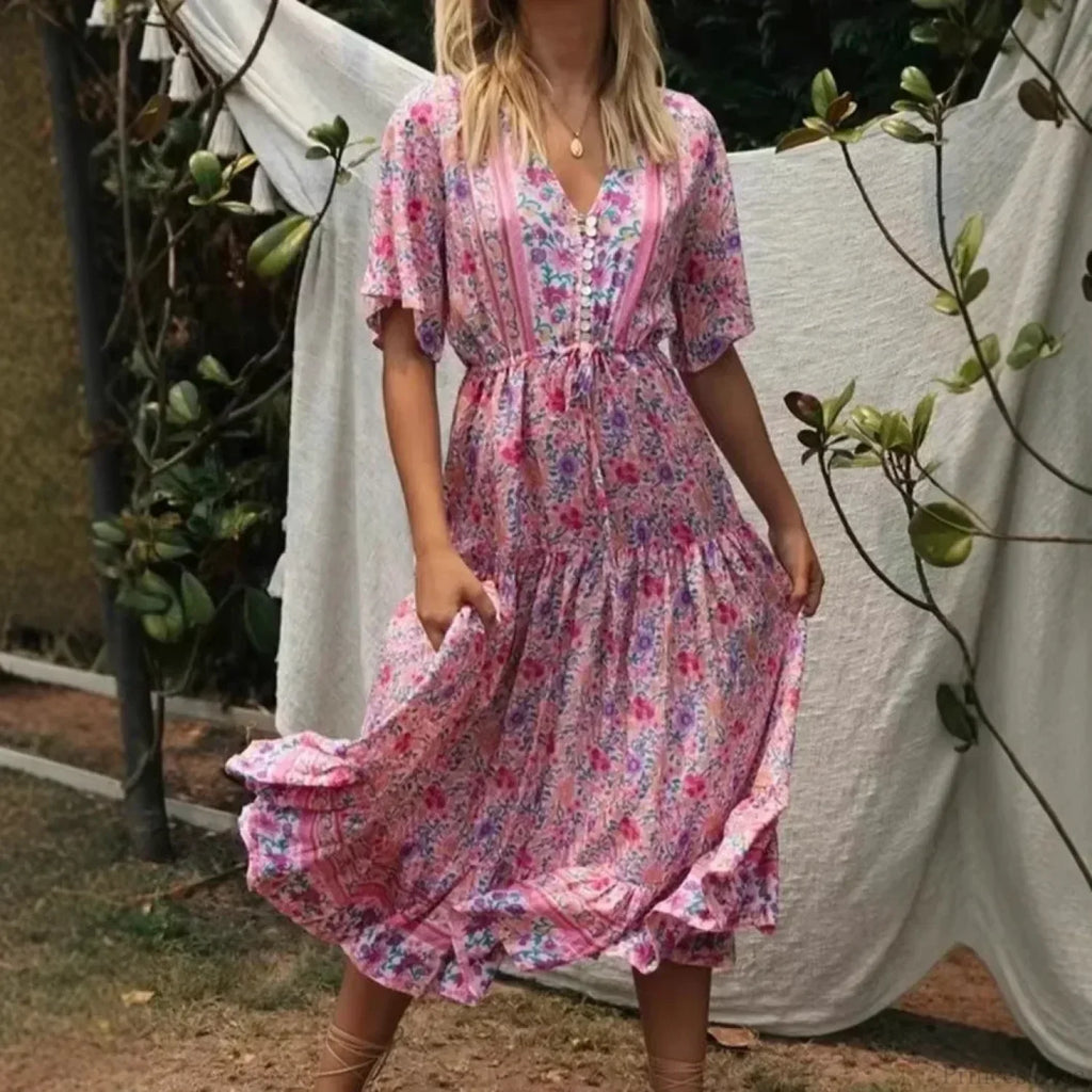 Pink Floral Print V-neck Tassel Rayon Vacation Maxi Boho Dress image 1