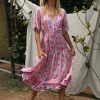Pink Floral Print V-neck Tassel Rayon Vacation Maxi Boho Dress image 1