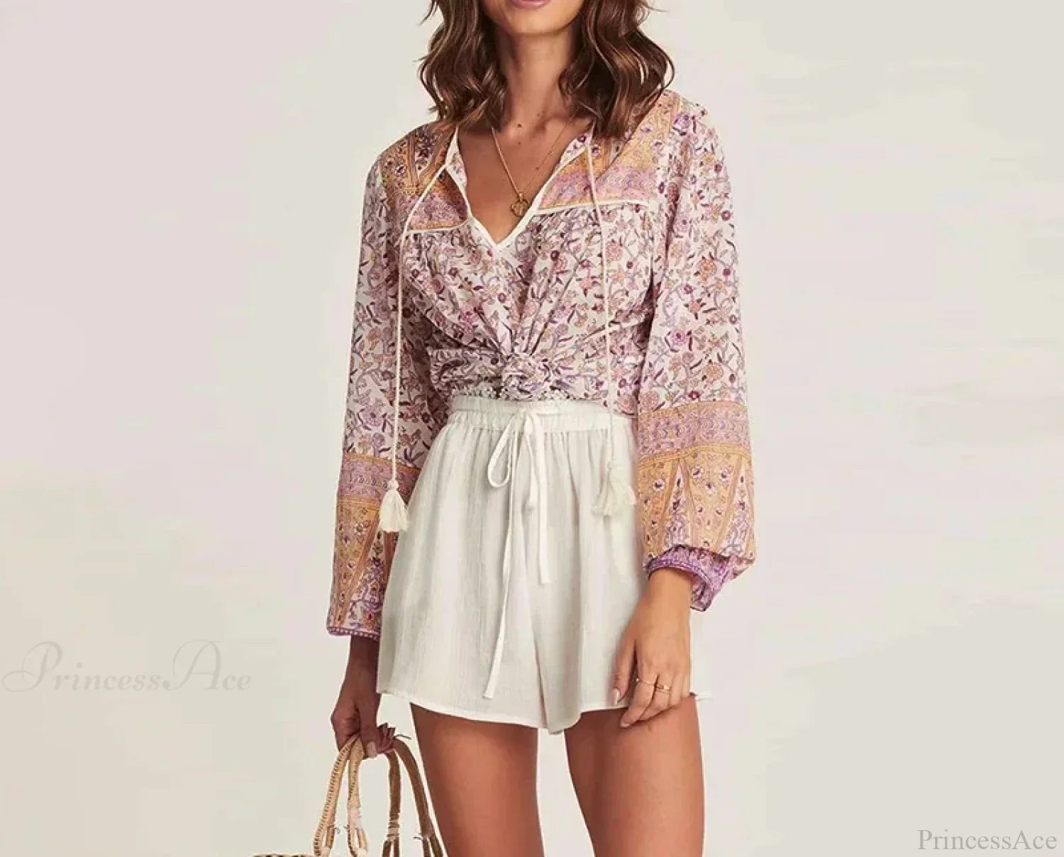 Pink Floral Printed Loose Long Sleeve Boho Blouse image 4