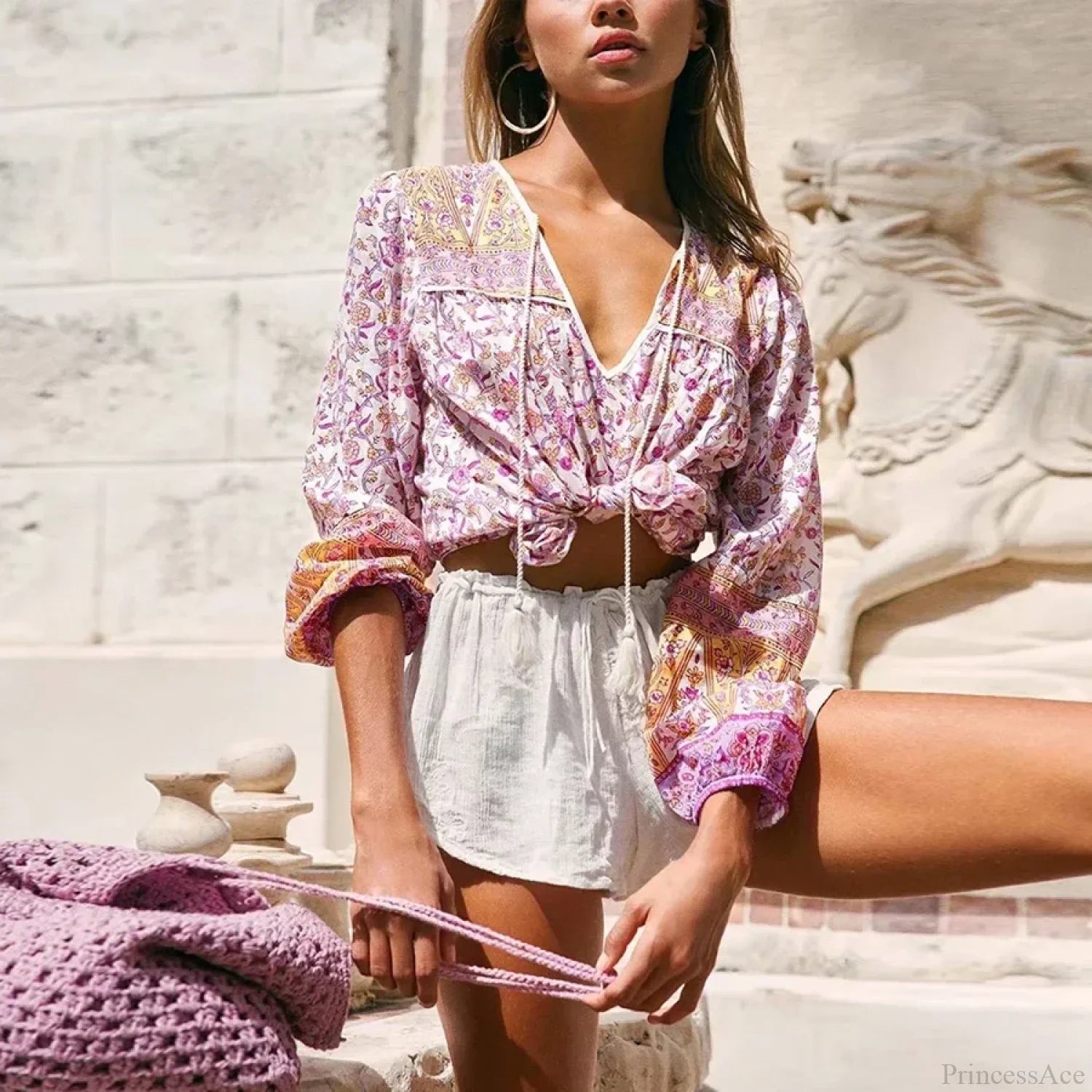 Pink Floral Printed Loose Long Sleeve Boho Blouse image 1