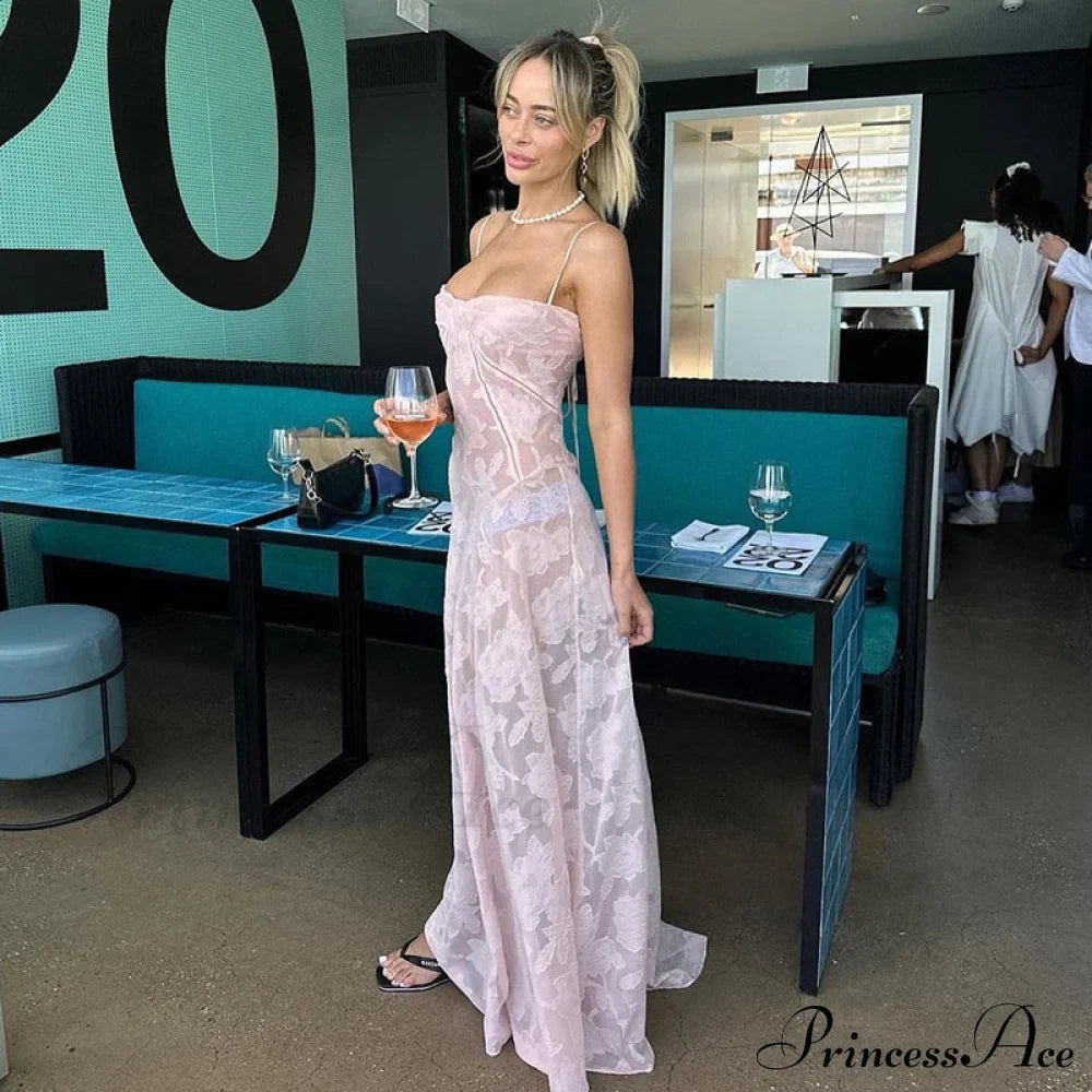 Pink Floral Stylish Lace Maxi Dress image 5