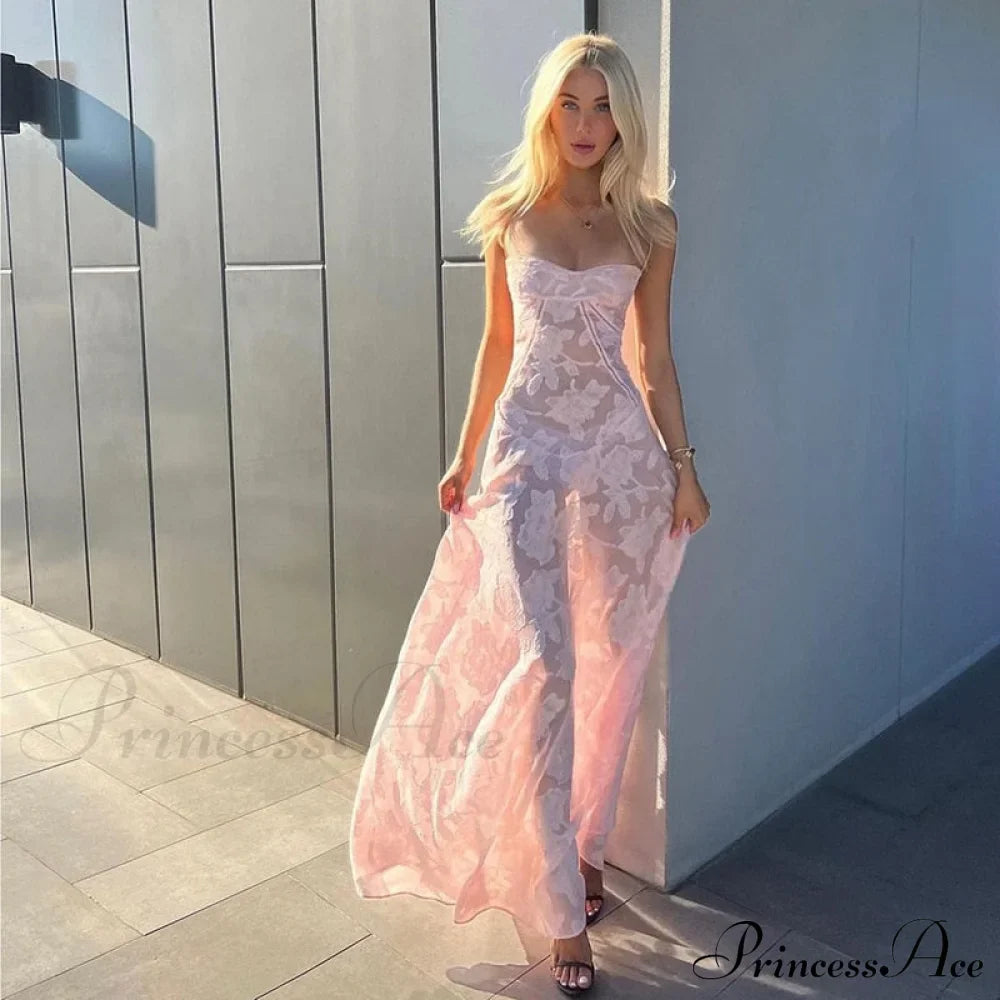 Pink Floral Stylish Lace Maxi Dress image 9