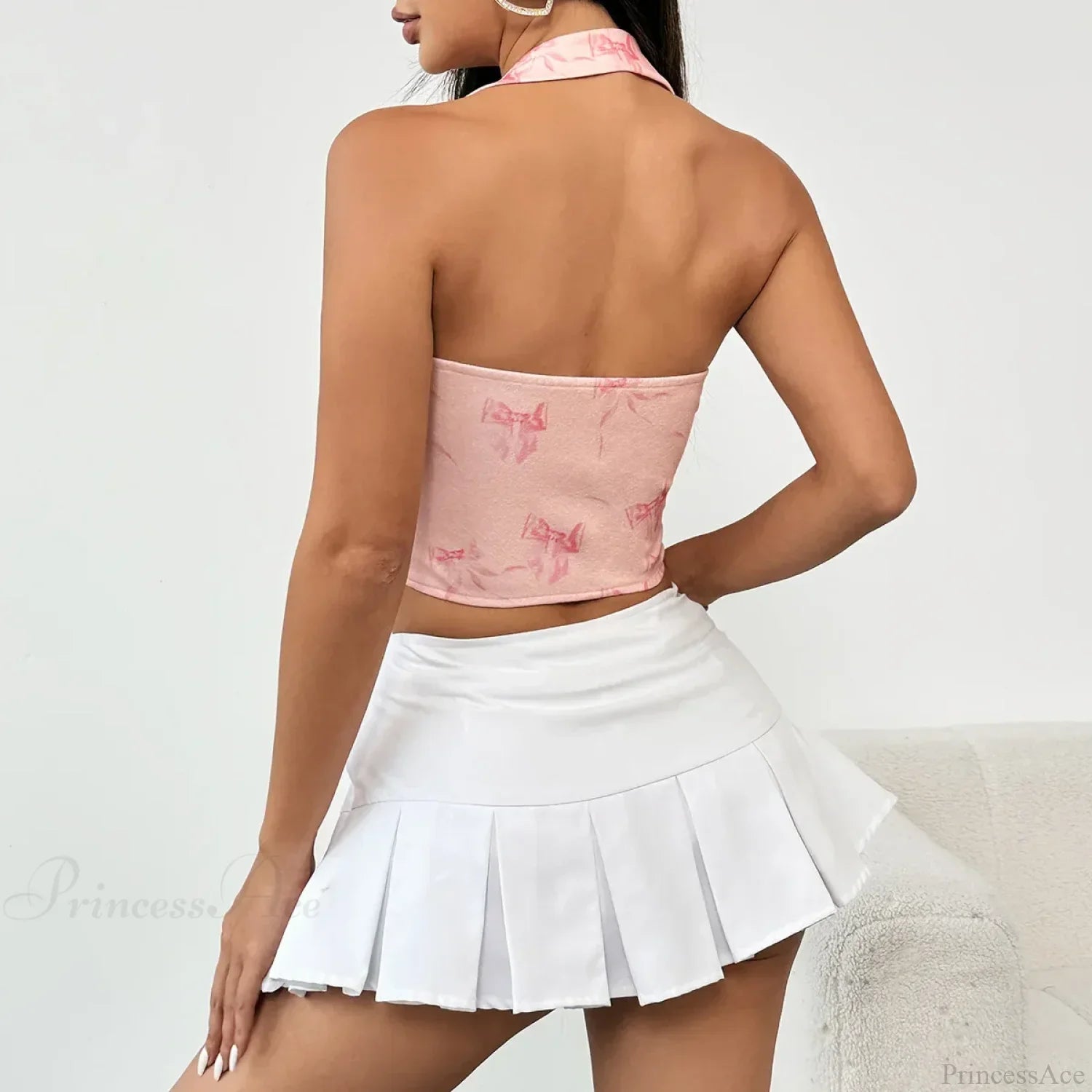 Pink Halter-neck Printed Bandage Sleeveless Crop Top image 2