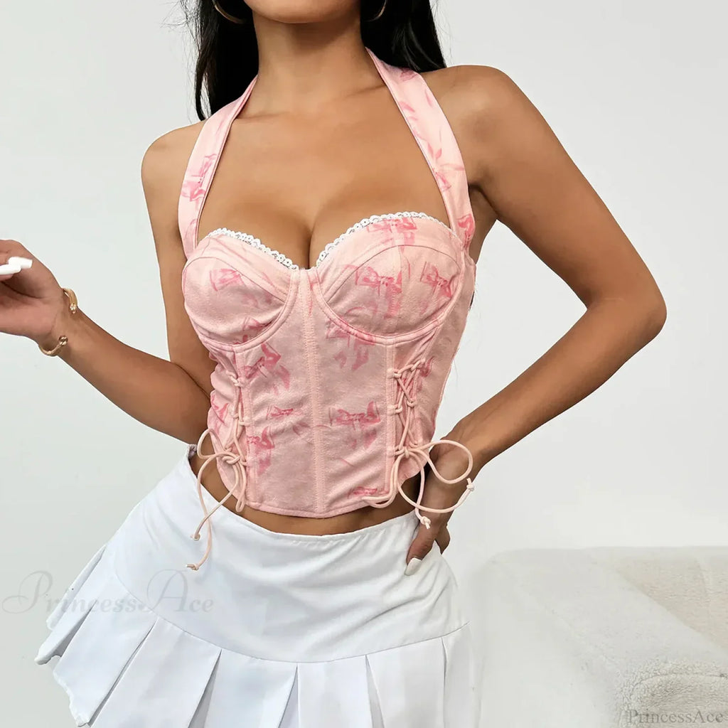 Pink Halter-neck Printed Bandage Sleeveless Crop Top image 4