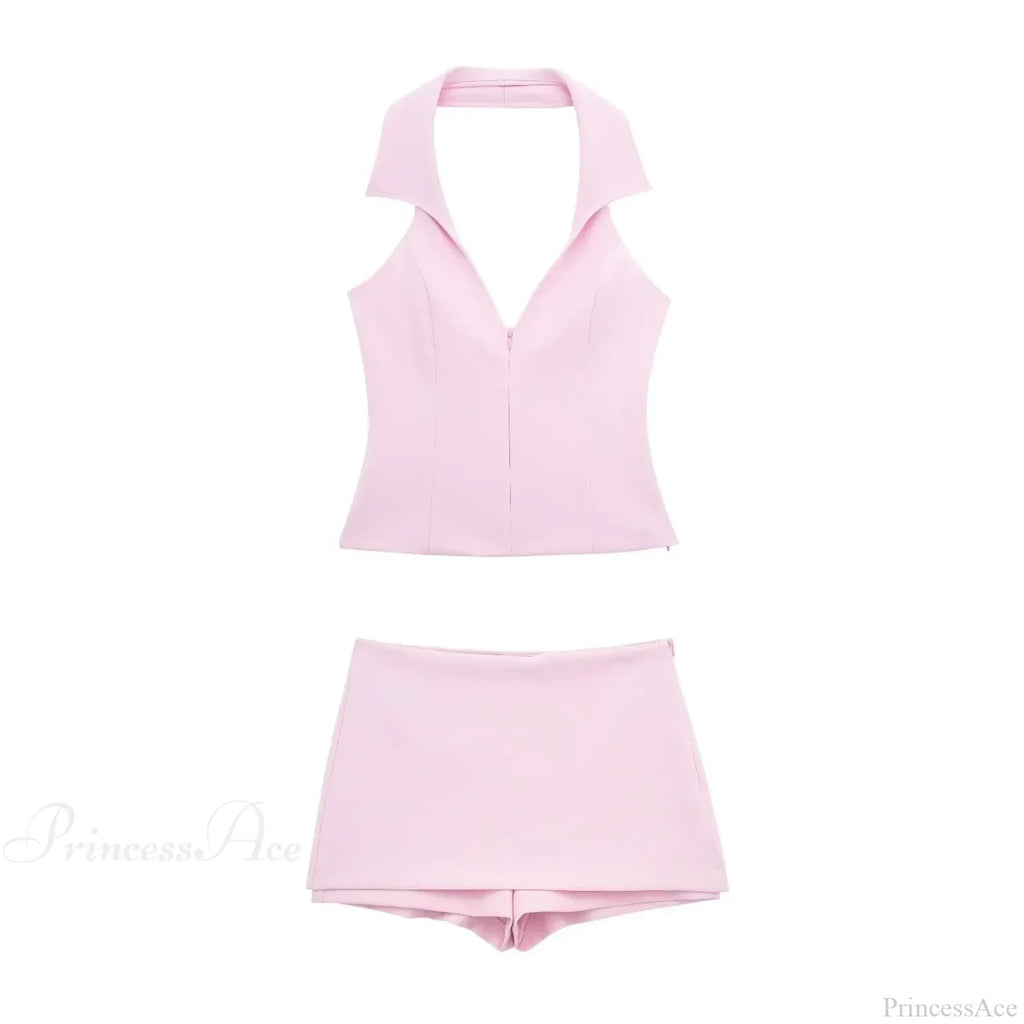 Pink Halter Sleeveless Charming Top And Skort Set image 6