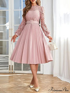 Pink Lace Pleated Party Dress with Belt image 6