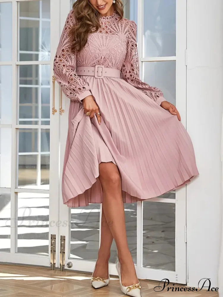 Pink Lace Pleated Party Dress with Belt image 4