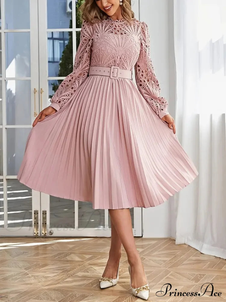 Pink Lace Pleated Party Dress with Belt image 1