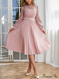 Pink Lace Pleated Party Dress with Belt image 1