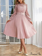 Pink Lace Pleated Party Dress with Belt image 1