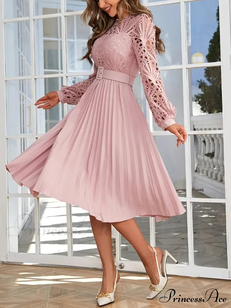 Pink Lace Pleated Party Dress with Belt image 2