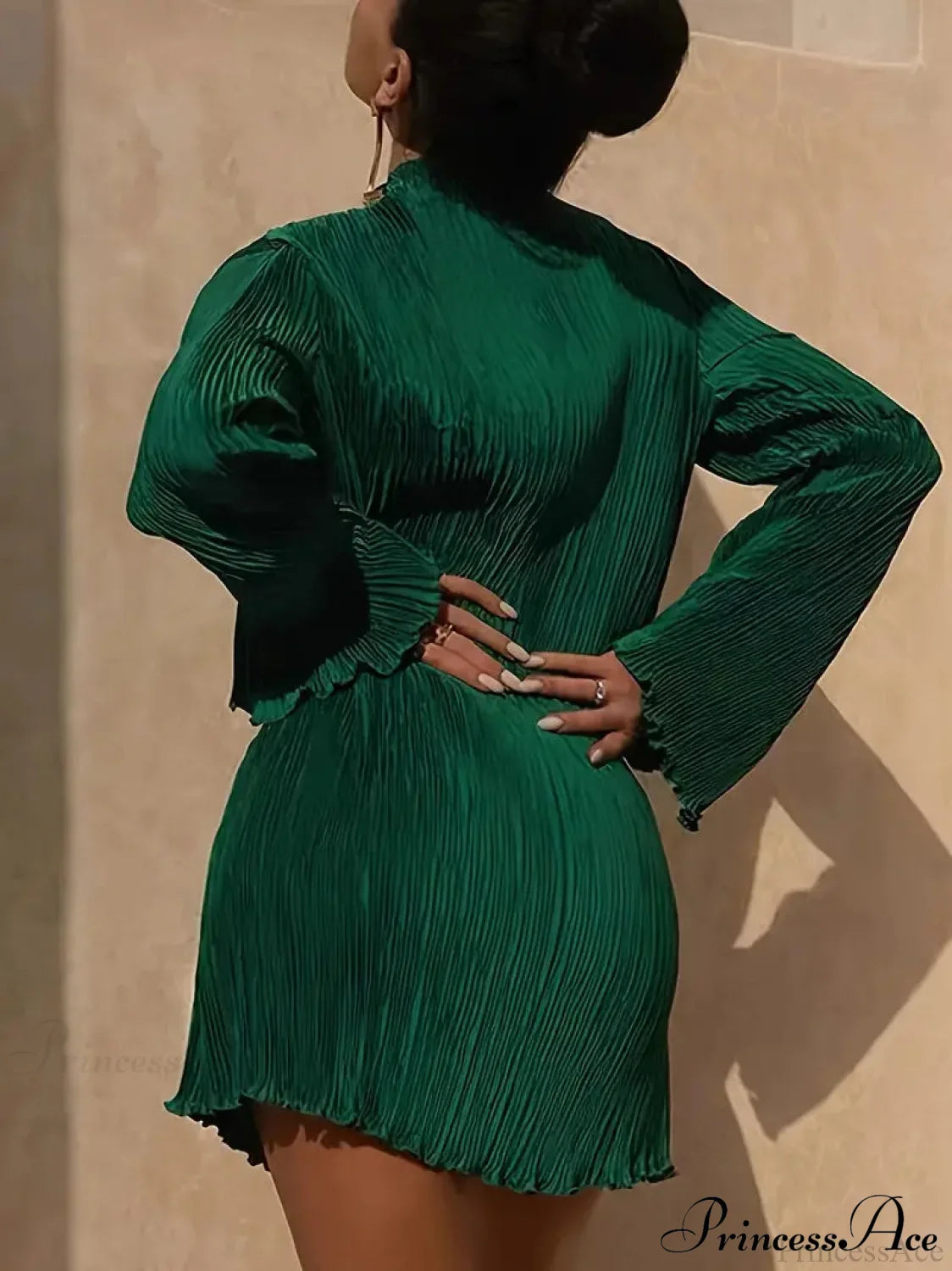 Pink Lettuce Trim Textured Dress with Long Sleeves image 6