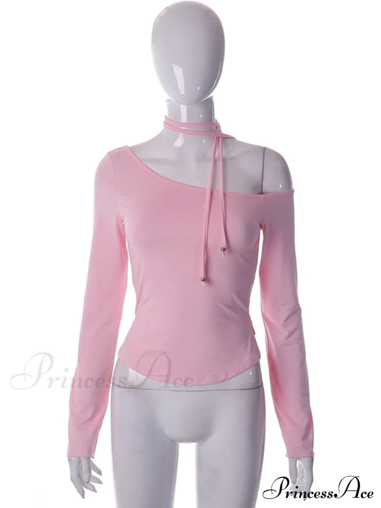 Pink Long Sleeve Charming Strap Tie Around Top image 3