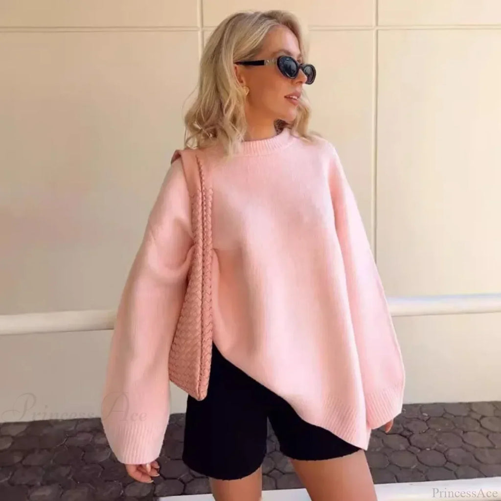 Pink O-neck Loose Casual Pullover Sweater image 3