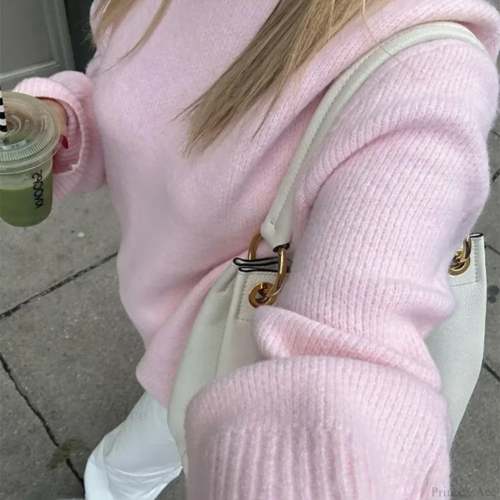 Pink O-neck Loose Casual Pullover Sweater image 5