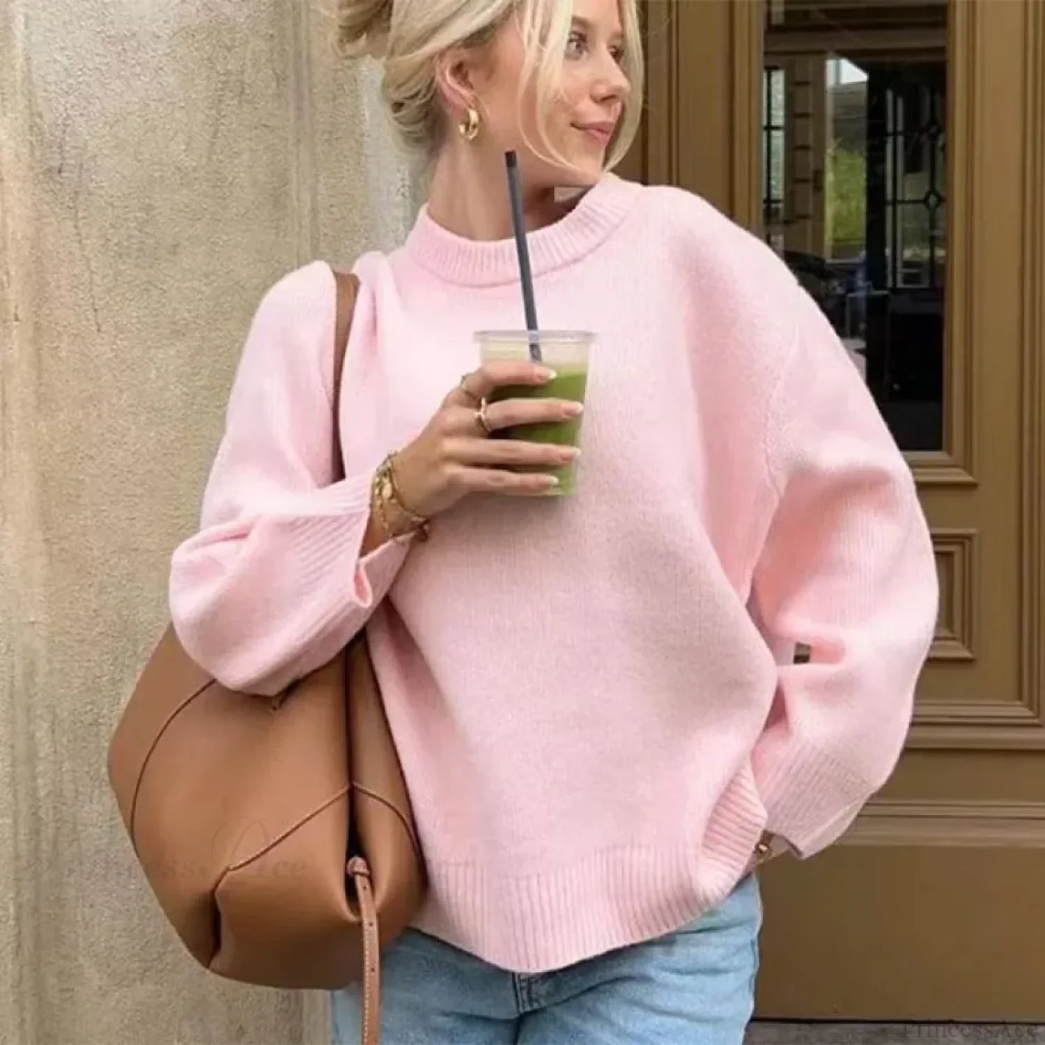 Pink O-neck Loose Casual Pullover Sweater image 2